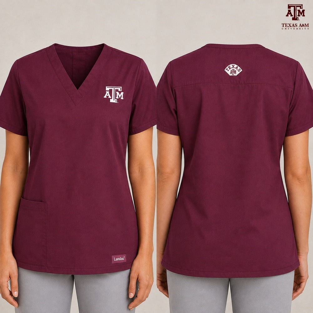 Landau Texas A&M Aggies Scrub Top Unisex Maroon V-Neck Short Sleeve Pocket XL